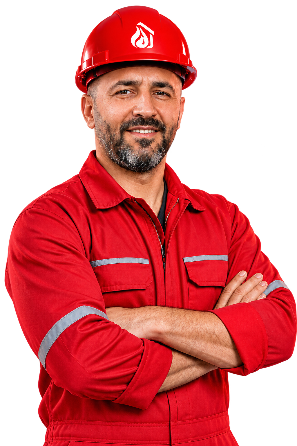 Kırmızı baretli ve kırmızı iş tulumlu gülümseyen teknik servis ustası