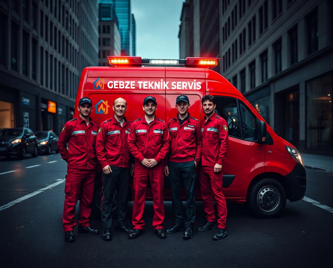 Kırmızı servis aracının önünde duran teknik ekip